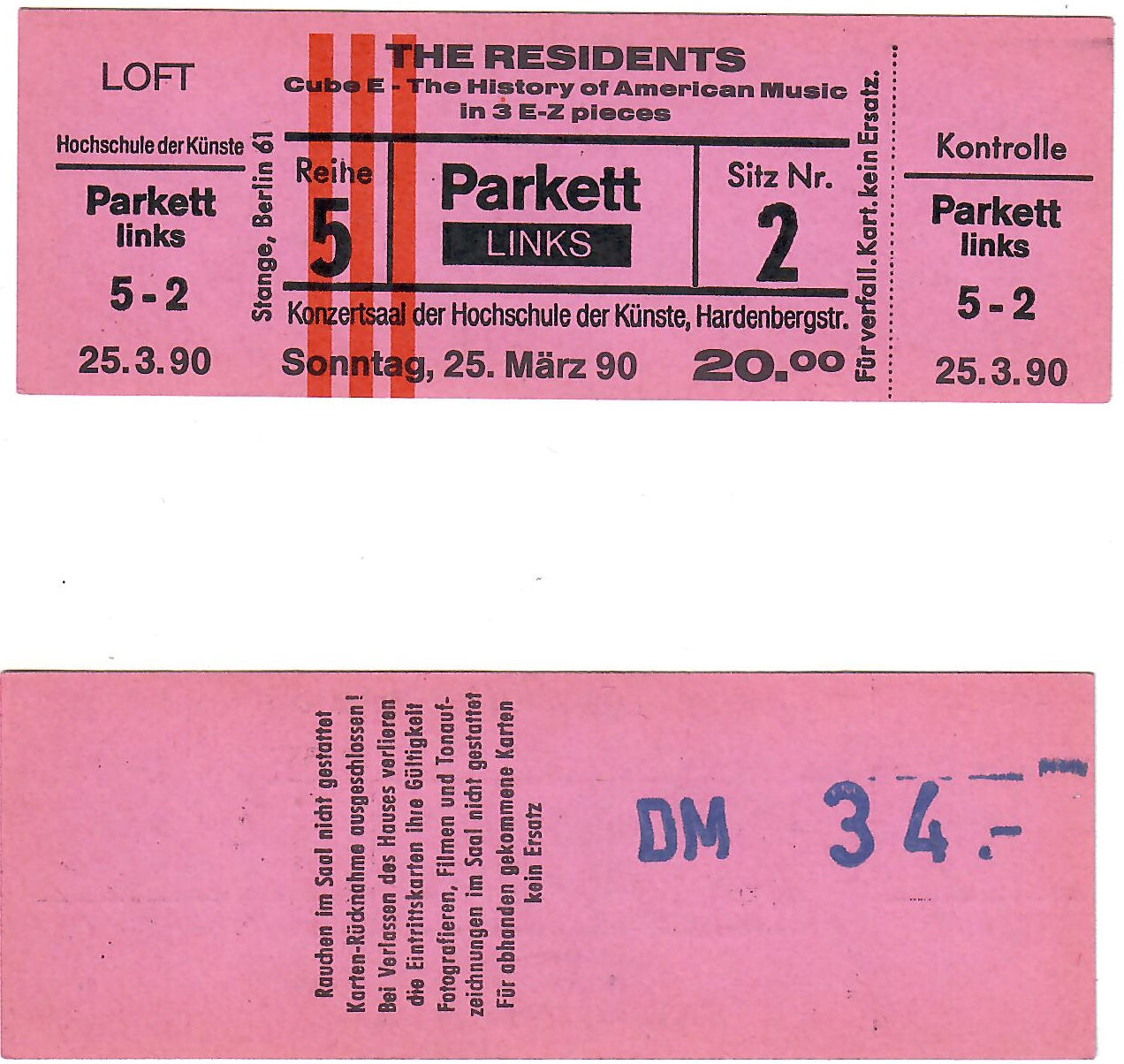 Unused Ticket From CUBE-E Show at Parklett March 3 1990